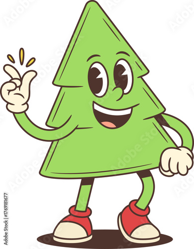 Cheerful cartoon Christmas tree character mascot snapping fingers with confident pose. Festive vector illustration for holiday greeting cards winter celebration design isolated background