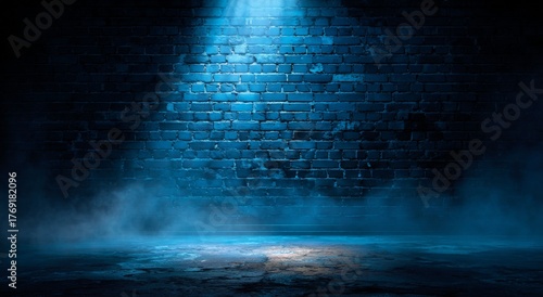 Blue Brick Wall with Spotlight and Smoke