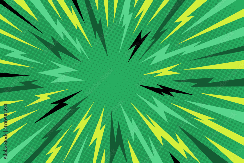 Fototapeta premium Manga thunder background forms anime comic line burst with radial perspective on green pop art texture. Manga thunder bg vector suits lightning effect, speed action frame, or abstract cartoon design.
