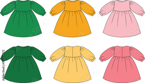 Baby girl puff sleeve dress cad flat sketch, kidswear fashion vector illustration, garment technical drawing, flat fashion design template, clothing outline