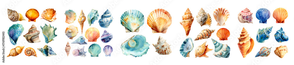 Fototapeta premium Watercolor Seashell Collection: A Vibrant Array of Ocean Treasures.