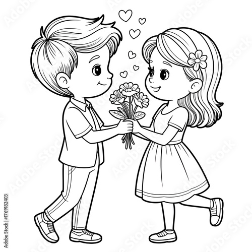 A boy giving flowers to a girl coloring page 