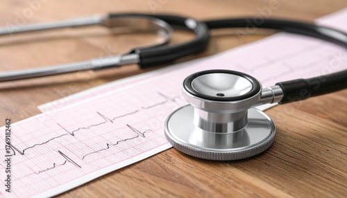 Medical diagnostics flat lay, stethoscope and ECG