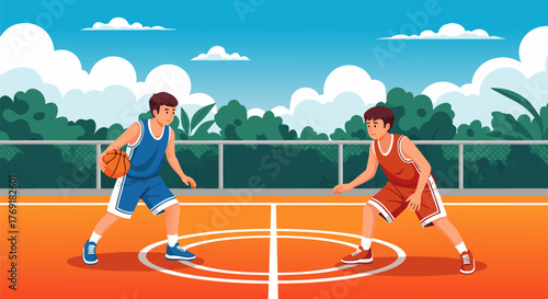 Basketball game illustration depicting two players on a court, engaging in an exciting match, with dynamic movement