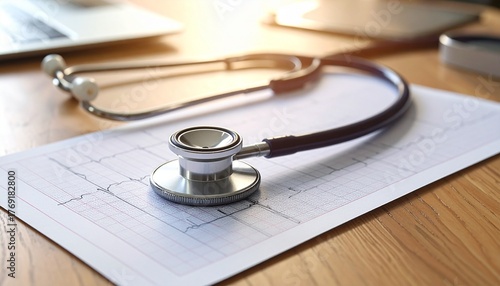 Medical diagnostics flat lay, stethoscope and ECG