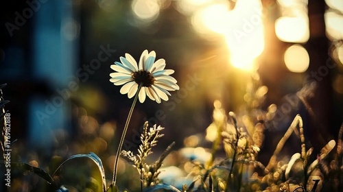 A solitary white daisy bathed in golden hour sunlight amidst a field of soft bokeh