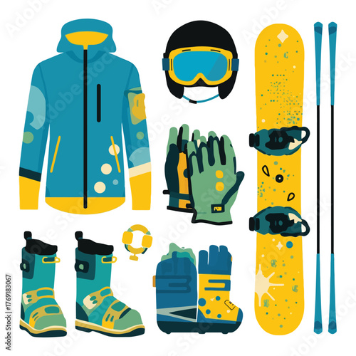 Modern Snowboarder Equipment Bundle with Helmet and Protective Gear