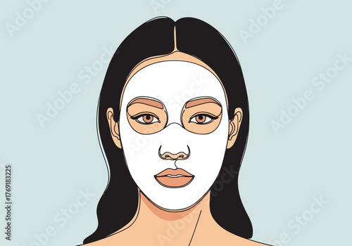 Woman applying a cosmetic sheet mask for a beauty treatment. Minimalist line art of a facial routine. Skincare and self-care concept