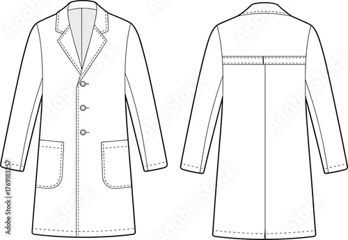 Long coat fashion template, front and back view, classic outerwear design with buttons, flat vector illustration drawing