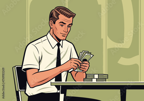 A retro style man counting cash at a desk. Vintage comic art of a businessman with money. Financial success and salary concept graphic.