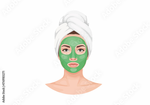 Woman with a green cosmetic face mask and towel wrap. Skincare and beauty treatment concept. Isolated graphic for spa and self-care routines