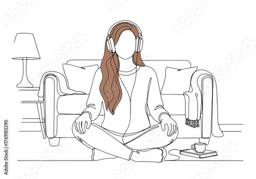 A woman with headphones relaxing at home in a living room. Continuous one line art drawing. Concept of listening to music, podcasts, and self-care