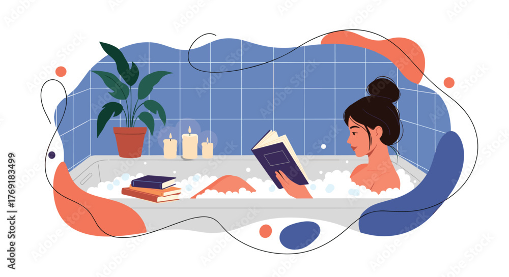Obraz premium A tranquil evening scene depicts a woman unwinding in a bubbly bathtub with a book, creating a peaceful self-care moment.