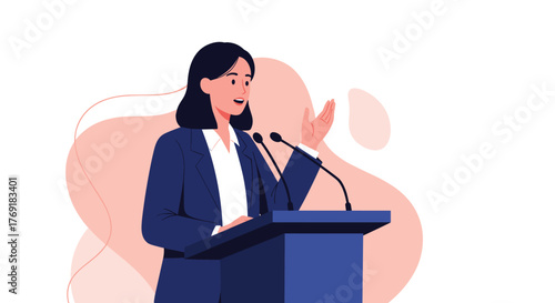 A confident professional woman speaks at a podium with two microphones, making a persuasive gesture during a public address.