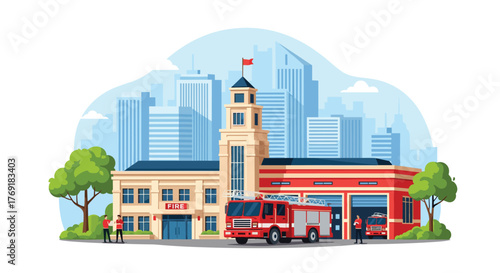 A modern fire station with a prominent tower, two red fire trucks, and firefighters, set against a backdrop of a bustling city skyline.