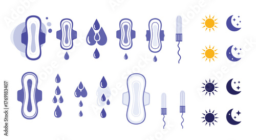 Vector icon set of feminine hygiene products, showing sanitary pads, tampons, blood drops, and symbols for day and night use.