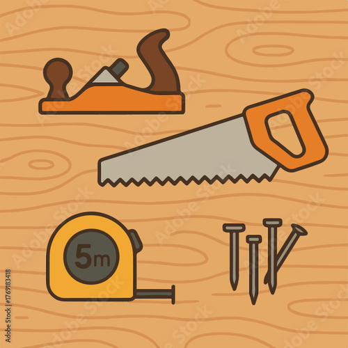 Woodworking tools including hand saw a plane measuring tape and nails