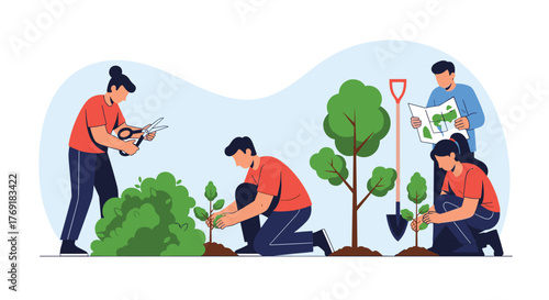 A group of diverse individuals actively participates in a community gardening and tree planting initiative, working together to cultivate green spaces.