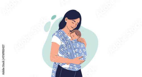 A gentle illustration of a mother lovingly carrying her peacefully sleeping infant in a baby wrap, depicting comfort and maternal bond.