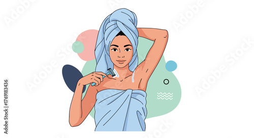 A young woman in a towel shaves her armpit with a razor, illustrating personal hygiene and body care routine.