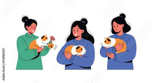 Three women joyfully hold and interact with their fluffy pet guinea pigs, highlighting the bond between humans and their small animal companions.