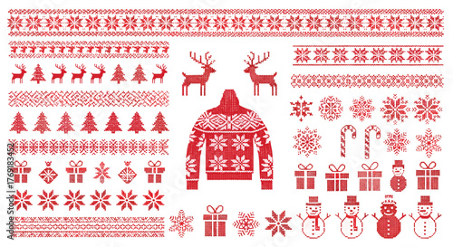 Collection of festive red and white pixel art Christmas patterns and winter holiday design elements for fabric or digital crafts.