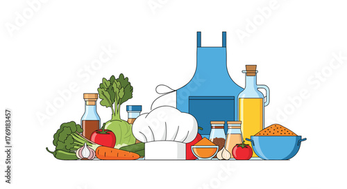 A vibrant assortment of fresh vegetables, aromatic spices, and cooking essentials including a chef's hat, apron, and oil, ready for culinary creation.