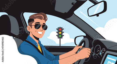 A cheerful man in sunglasses drives a car with a green traffic light, indicating a smooth journey or good progress.