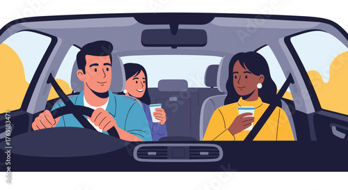 Three happy people, a man, a woman, and a child, smiling and enjoying their car ride together, holding disposable cups.