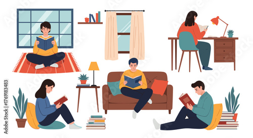 Diverse people enjoying reading books in various comfortable and cozy spots within their homes, illustrating a love for literature.