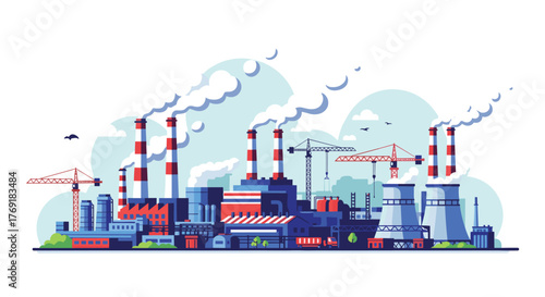 An expansive industrial complex featuring factories, power plants, and construction cranes, depicting manufacturing, energy production, and development.