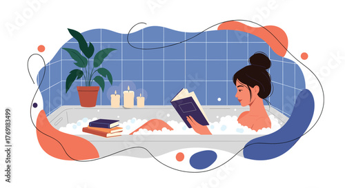 A tranquil evening scene depicts a woman unwinding in a bubbly bathtub with a book, creating a peaceful self-care moment.
