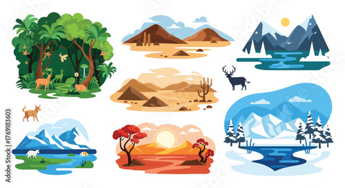 Illustrations of diverse natural landscapes and ecosystems, including dense forests, vast deserts, majestic mountains, and serene winter scenes.