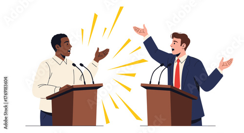 Two diverse men passionately debating from podiums, actively engaging in a lively public discourse with animated gestures and expressions.