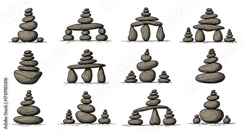 Various hand-drawn illustrations showcasing balanced rock cairns and natural stone stacking art arrangements.