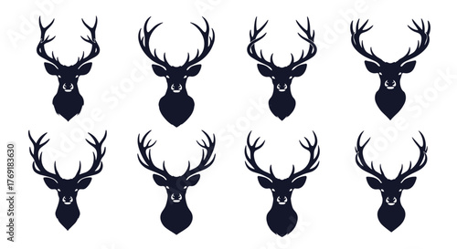 Collection of elegant deer head silhouettes with various majestic antlers, perfect for rustic wildlife branding or classic forest-themed designs.