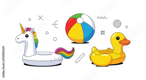 Colorful inflatable unicorn, duck, and beach ball for summer pool parties and aquatic fun, set against a clean white background.