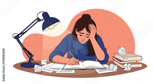 A young woman looking stressed and overwhelmed while studying or working late at a desk with books, crumpled papers, and a lamp.
