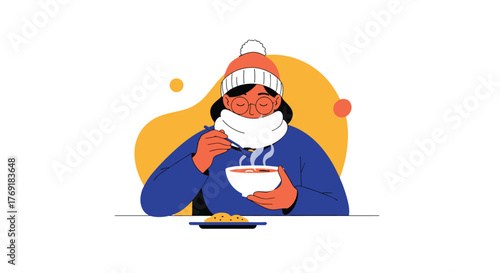 A warmly dressed person in a hat and scarf enjoys a steaming bowl of hot soup and cookies in a cozy, minimalist illustration.