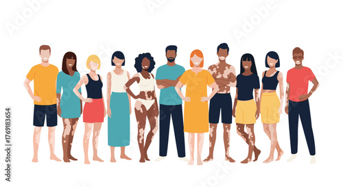 A diverse group of men and women with different skin tones and conditions, including vitiligo, standing confidently and celebrating body positivity.