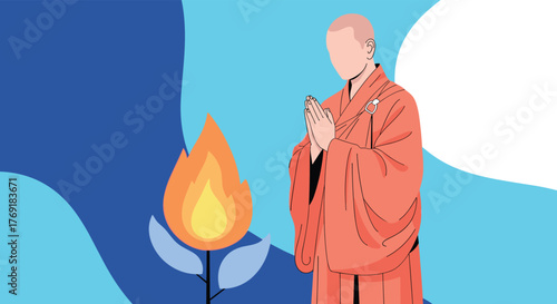 A serene Buddhist monk in an orange robe offers a prayer or meditation before a symbolic flame, embodying spirituality and peace.