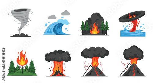 A collection of natural disaster icons including a tornado, tsunami, forest fire, waterspout, campfire, and various volcanic eruptions.