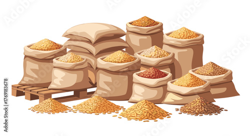 Various types of natural grains, cereals, and seeds displayed in traditional burlap sacks and scattered piles on a wooden pallet.