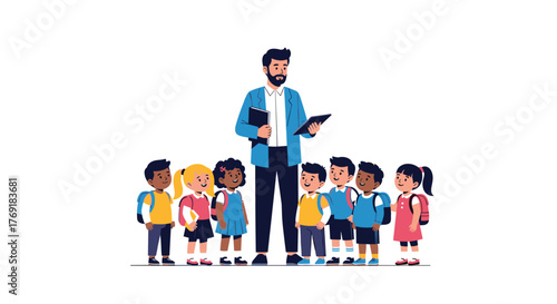 A diverse group of young schoolchildren stands attentively with their male teacher who is holding educational materials.