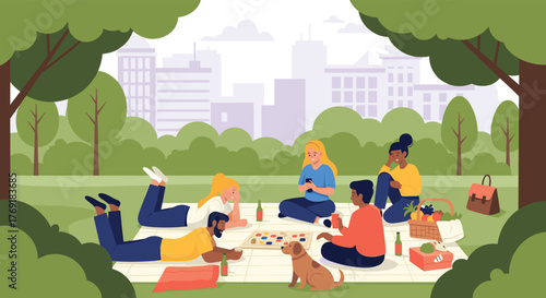 A diverse group of friends enjoys a relaxing picnic in a vibrant city park, playing board games and spending quality time together.