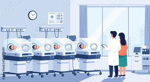 A doctor and a woman monitor premature babies in incubators in a modern neonatal intensive care unit (NICU).