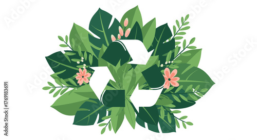 Recycling symbol nestled among lush green foliage and delicate pink flowers, representing environmental sustainability and eco-conscious living.