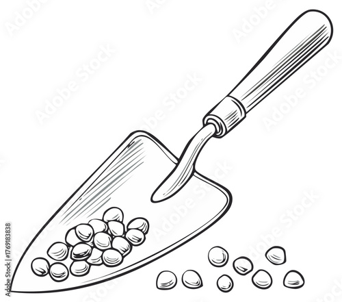 Hand Drawn Gardening Trowel with Seeds for Planting Vegetables or Flowers