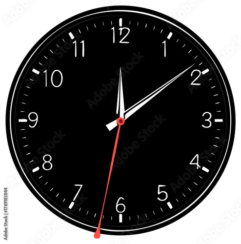 Modern minimalist round wall clock with a black dial showing the time with a bright red second hand