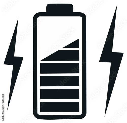 Icon of rechargeable battery with lightning bolts represents charging progress and electrical energy storage